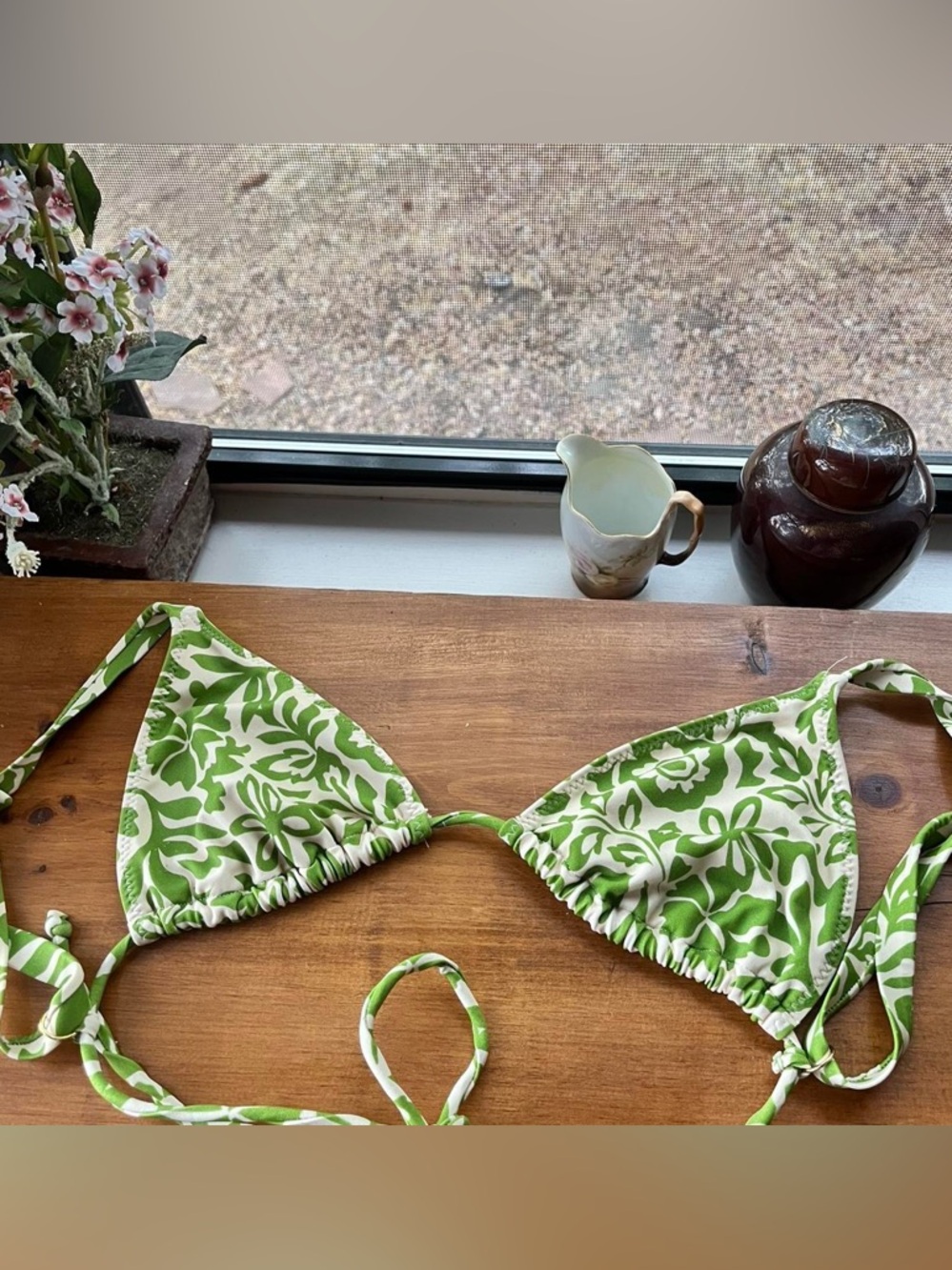 LA Hearts Green and White Floral Bikini Top